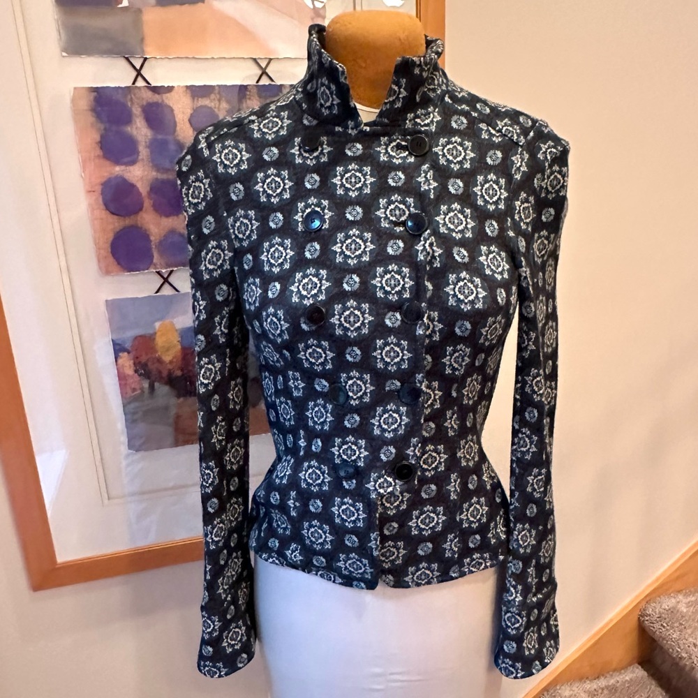 Diane Von Furstenberg Blue and Gray Patterned Knit Blazer Jacket